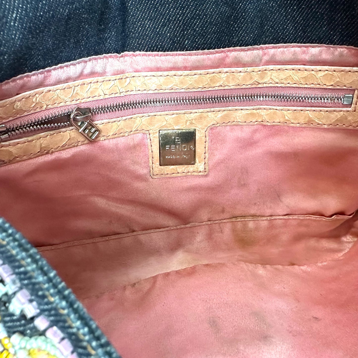 Vintage Denim and Beads Baguette Bag