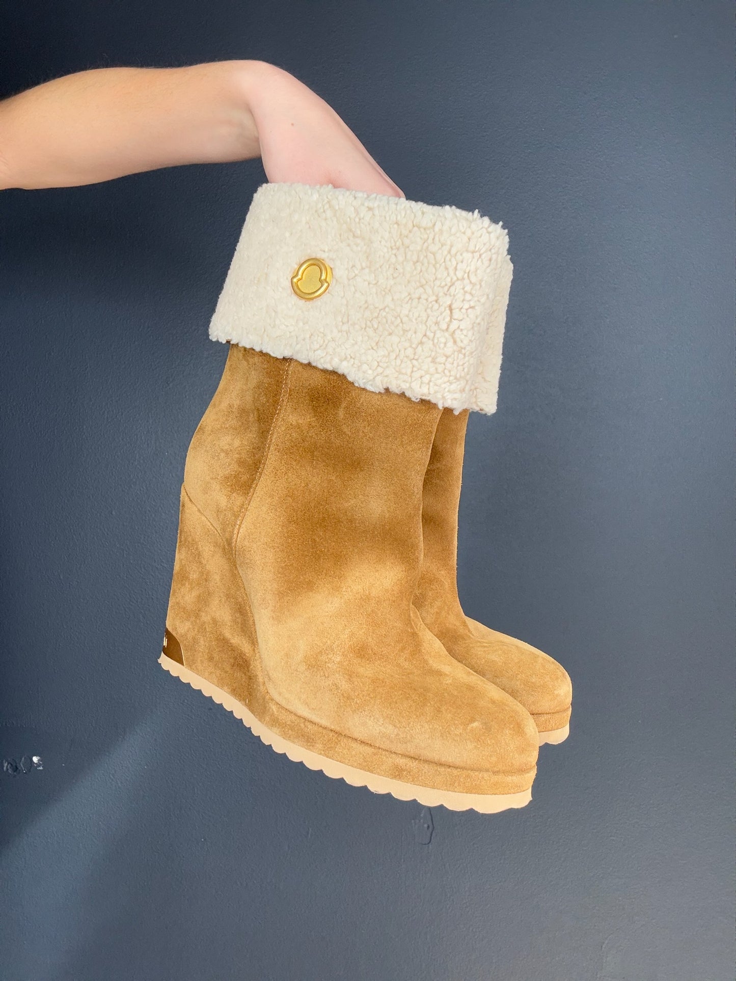 Moncler Suede and Shearling Wedge Heeled Boots - 38