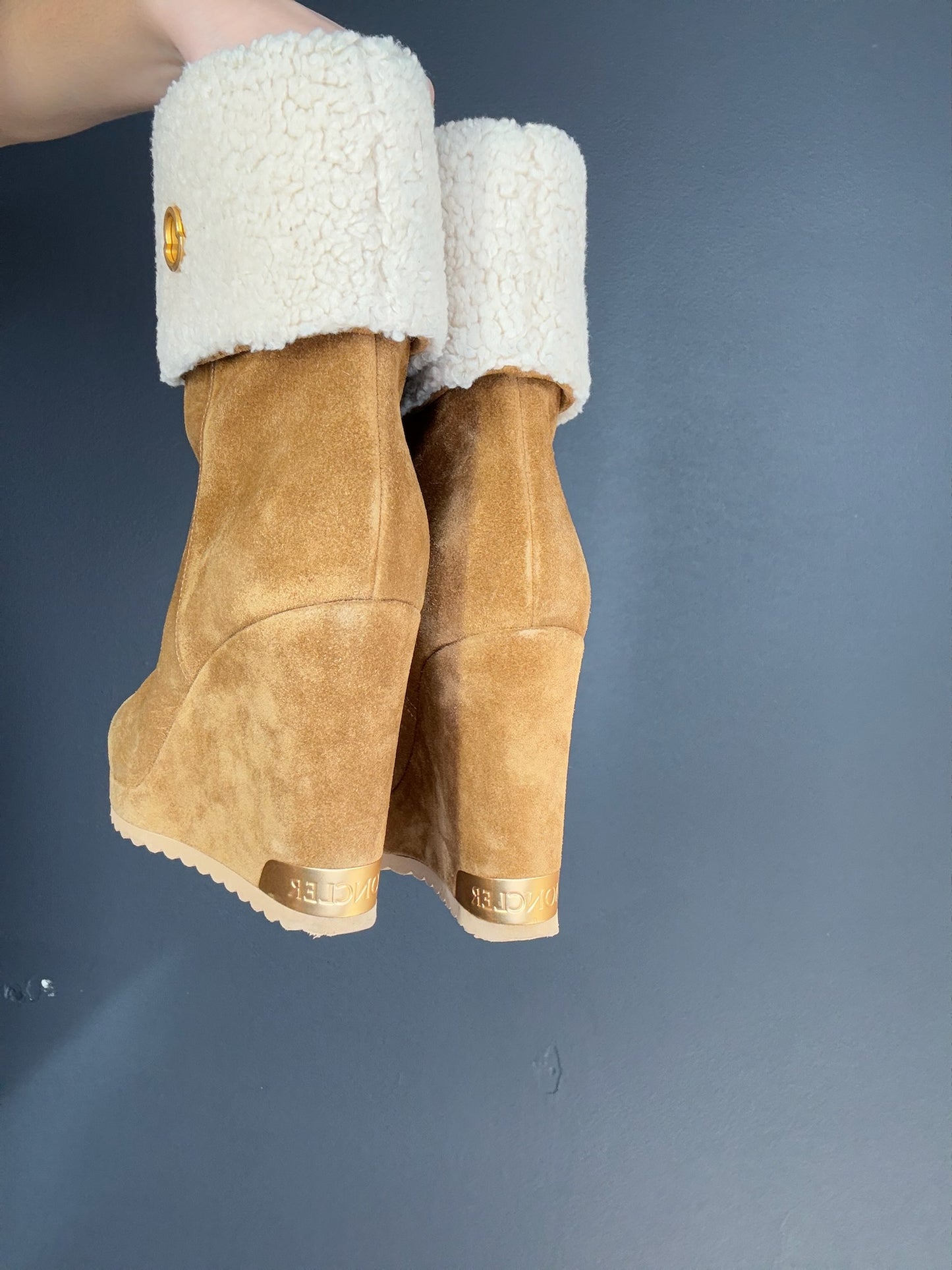 Moncler Suede and Shearling Wedge Heeled Boots - 38