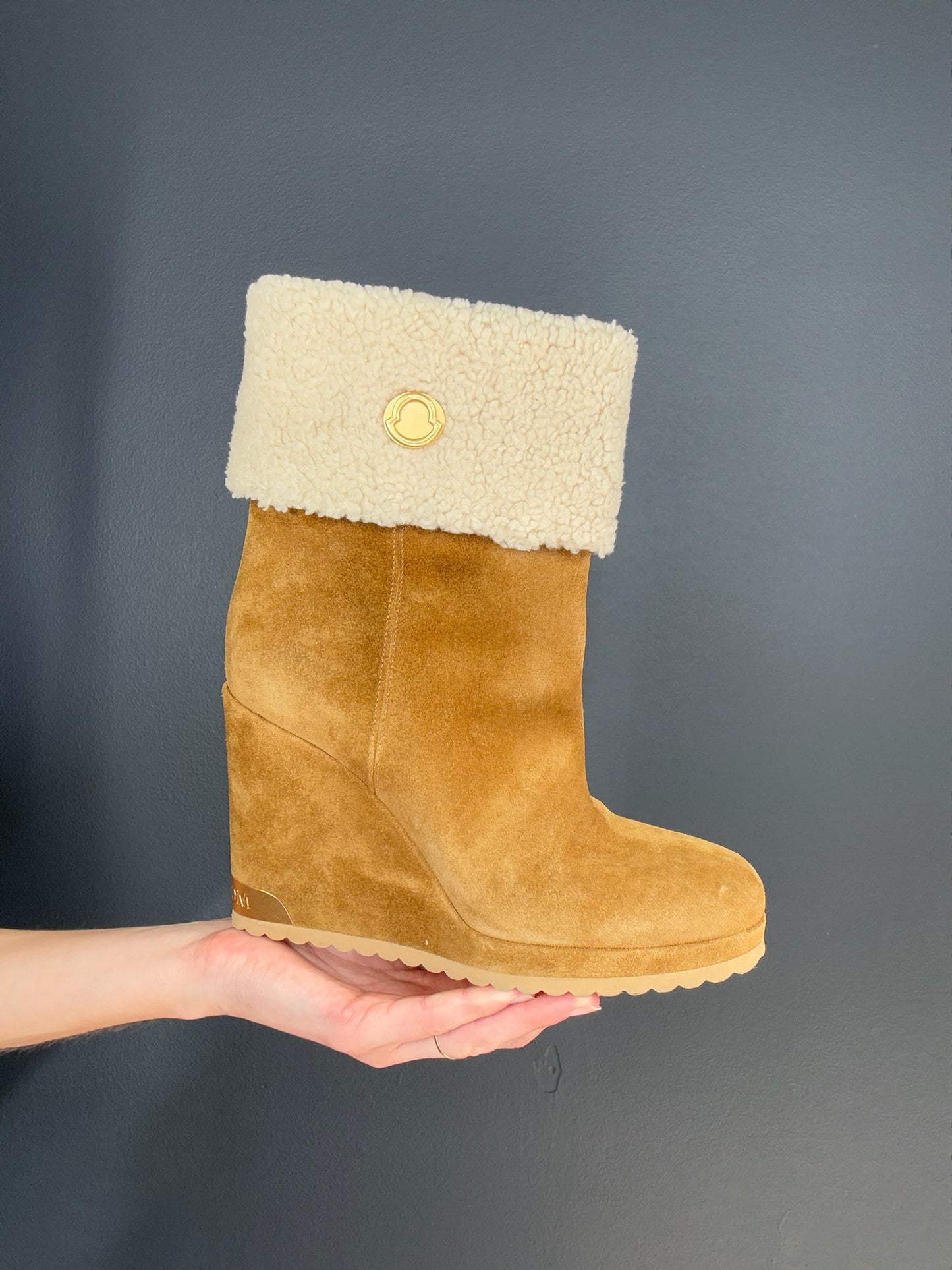 Moncler Suede and Shearling Wedge Heeled Boots - 38