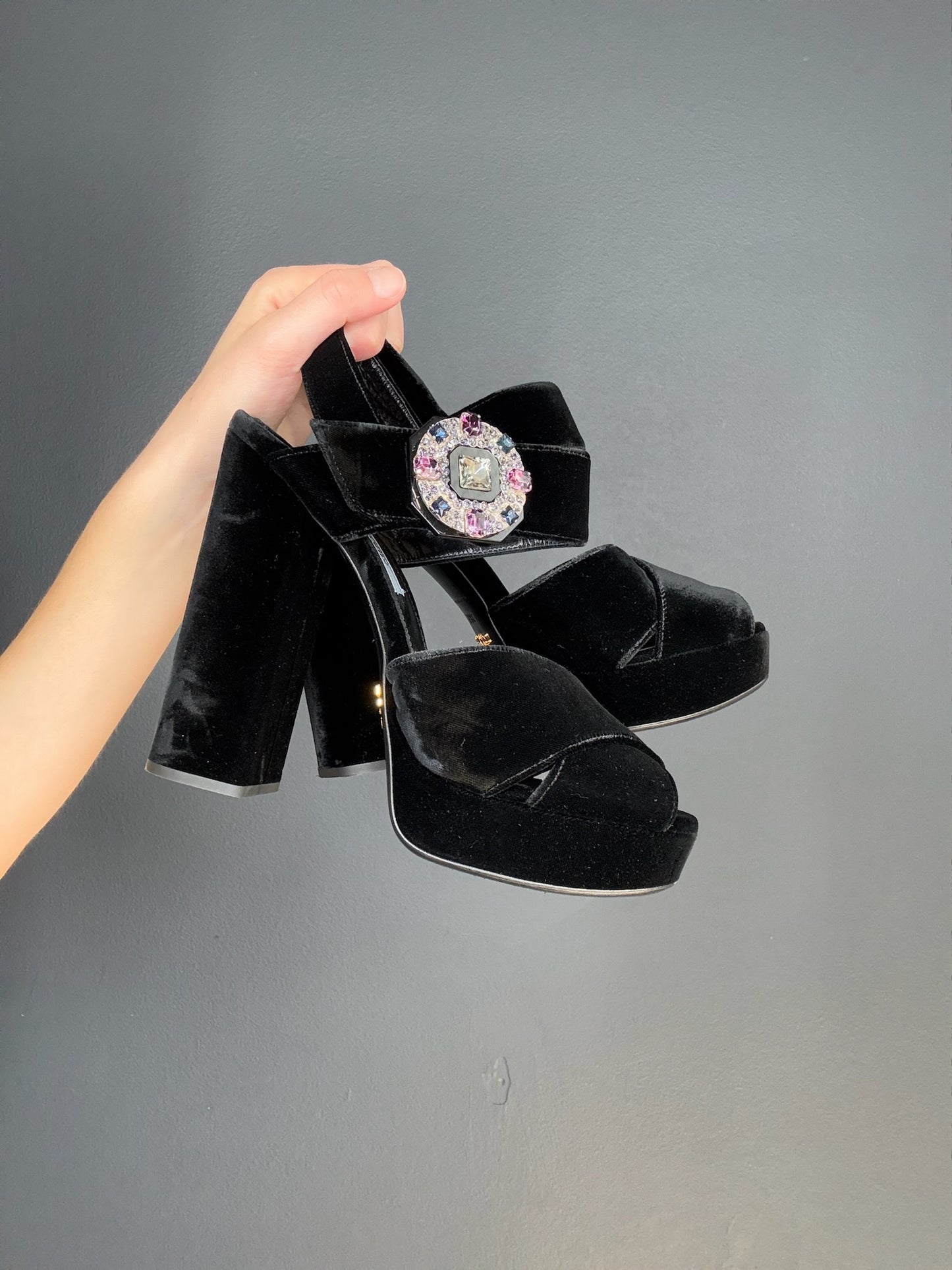 Prada Black Velvet & Crystal Heels - 38.5