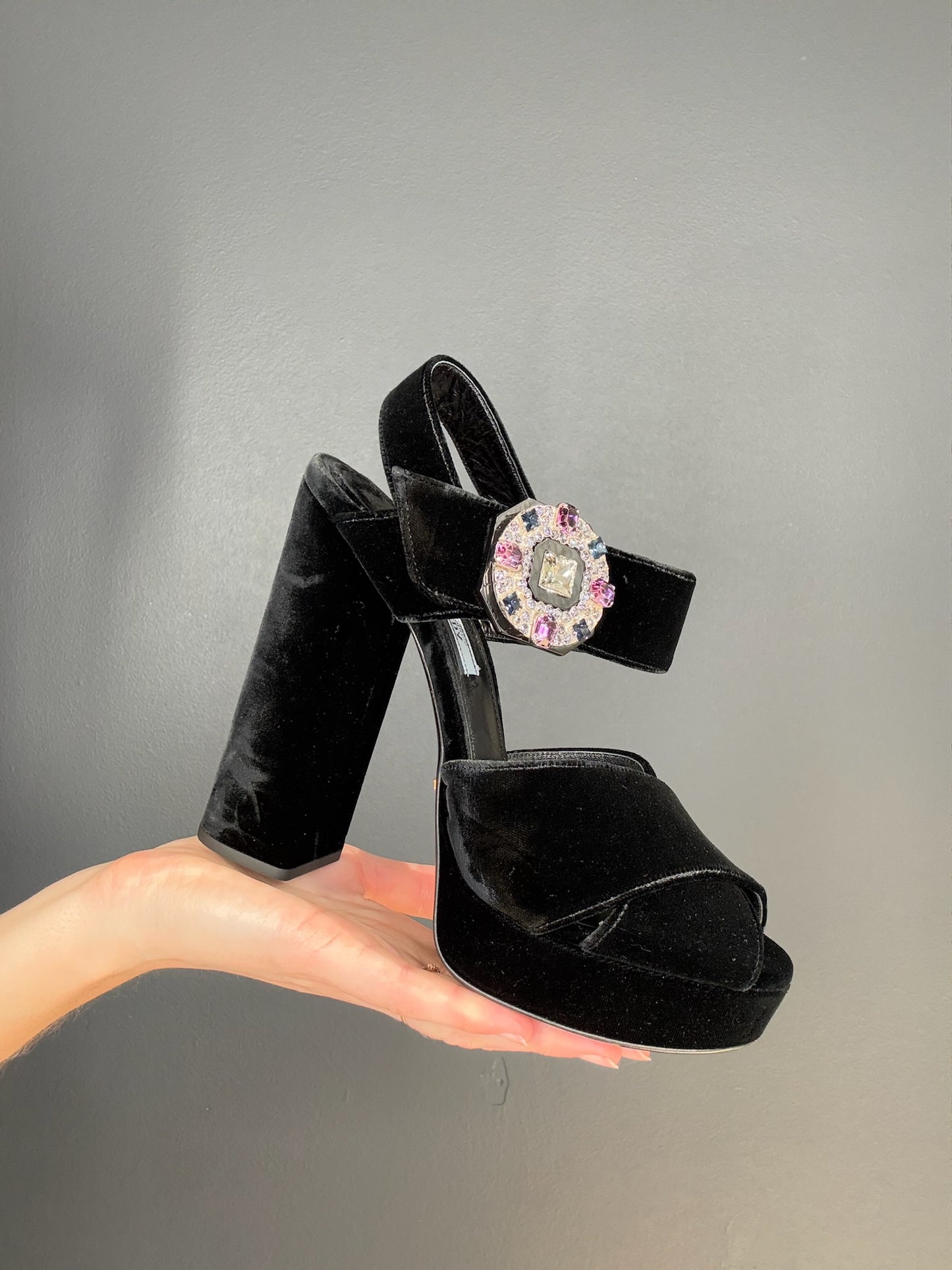 Prada Black Velvet & Crystal Heels - 38.5
