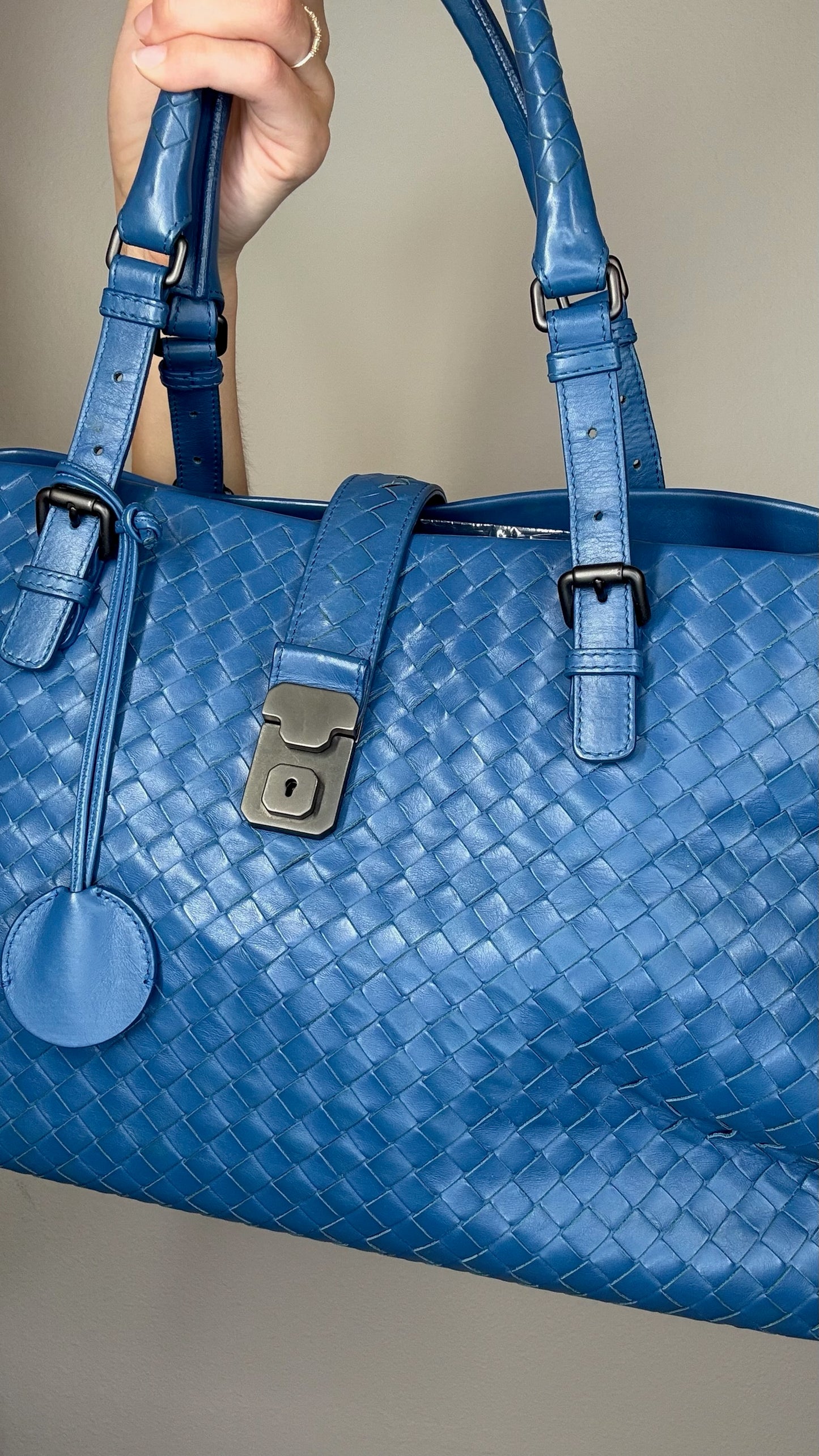 Blue Intrecciato Leather Tote
