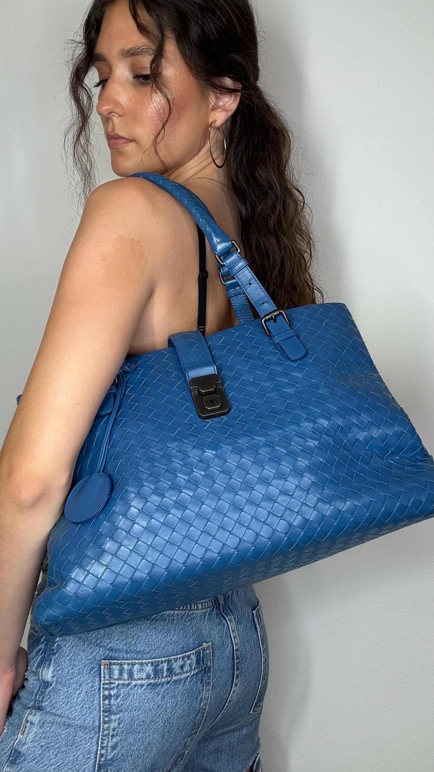 Blue Intrecciato Leather Tote