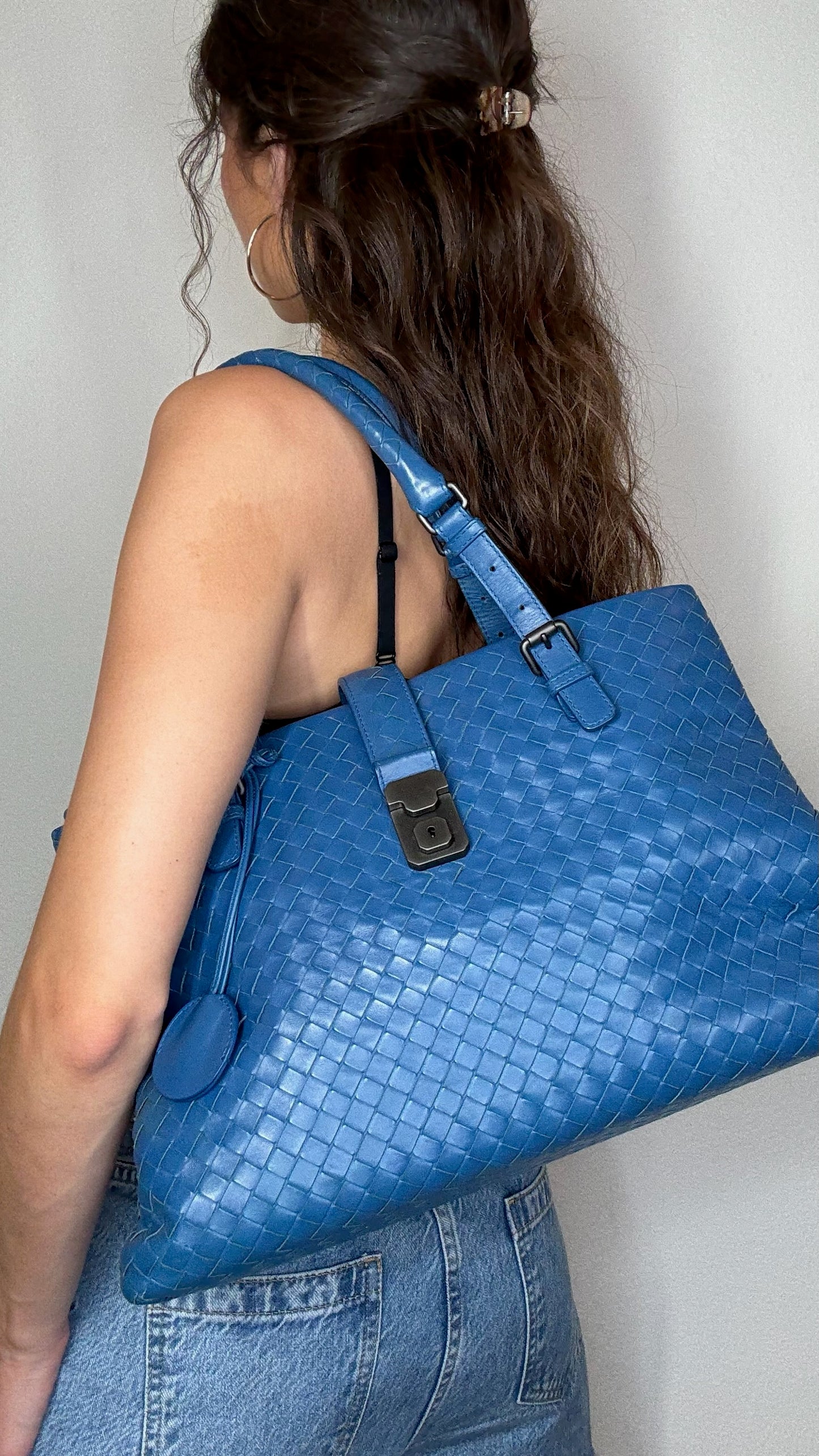 Blue Intrecciato Leather Tote