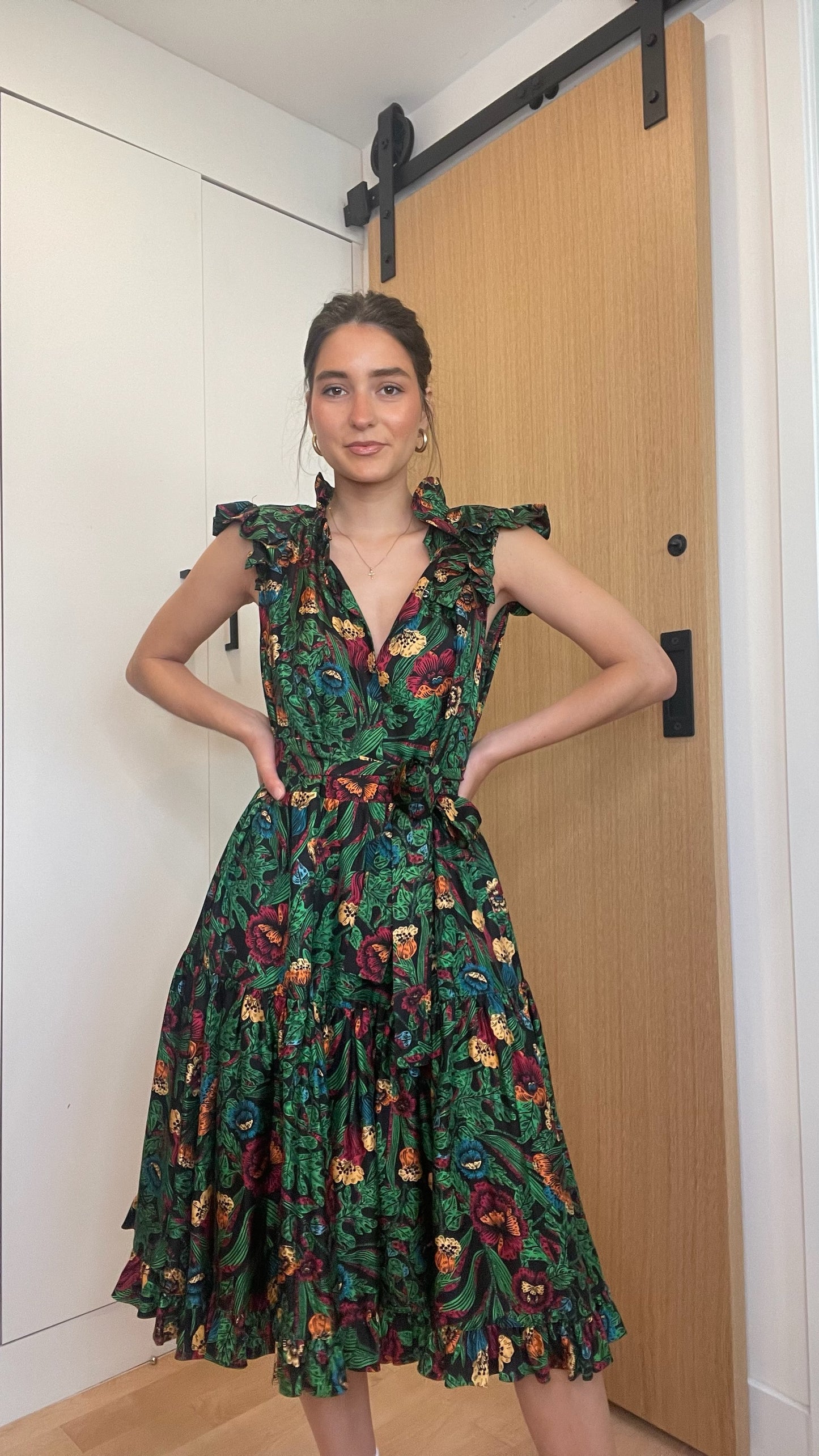 Green Silk Floral Dress - M