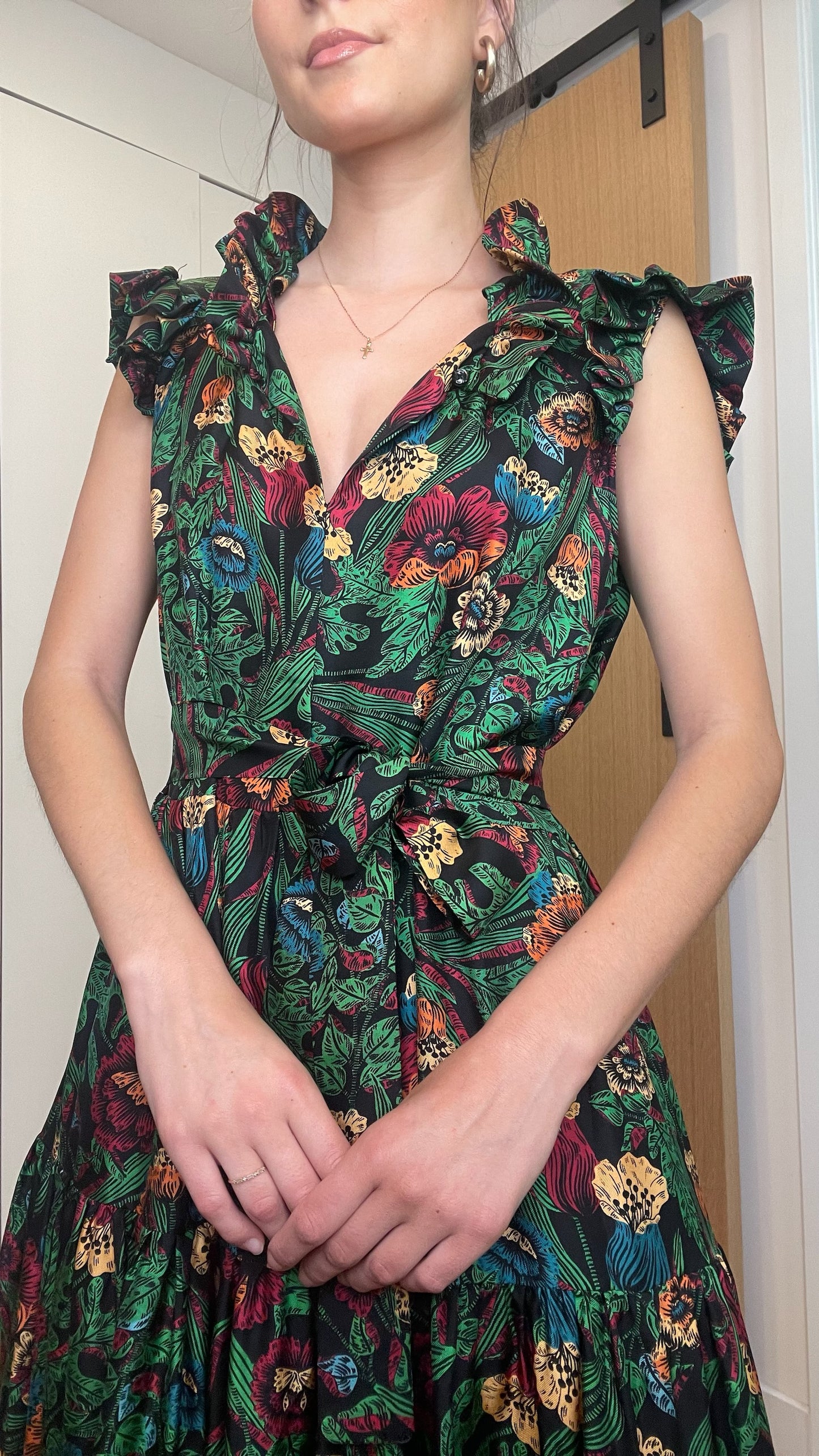 Green Silk Floral Dress - M