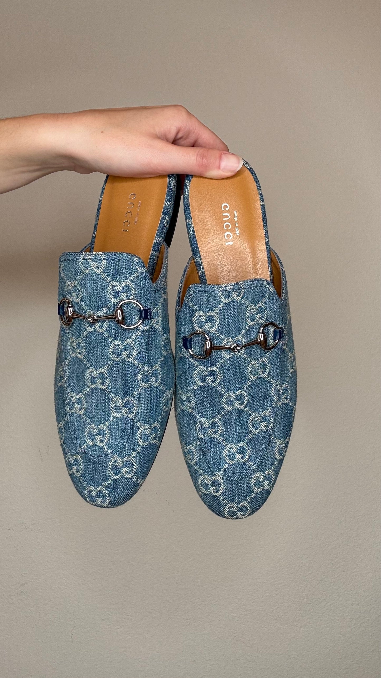 Gucci Denim Monogram Mules - 38.5