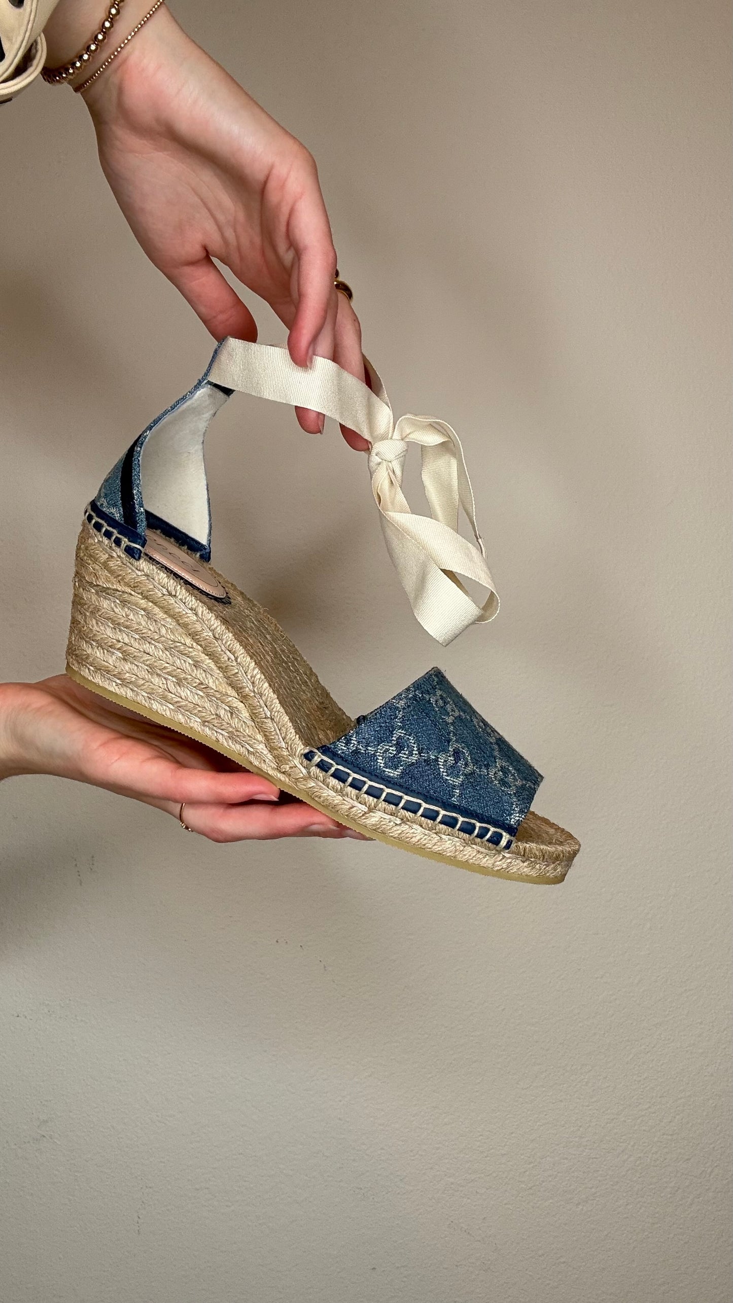 Gucci Denim & Raffia Wedge Heels - 39