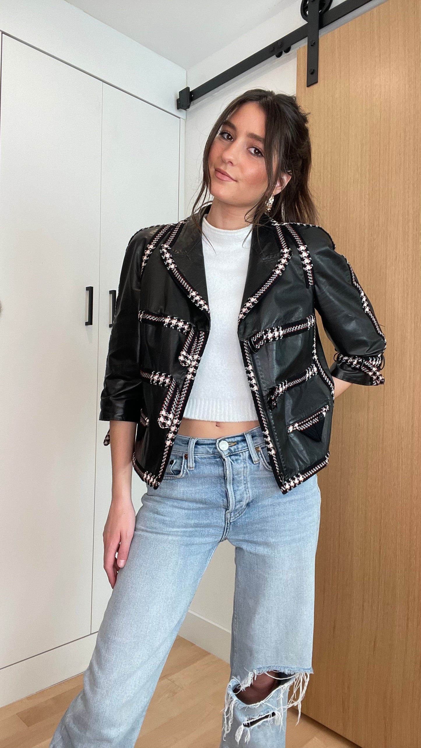 Black Leather Jacket w/Tweed - M