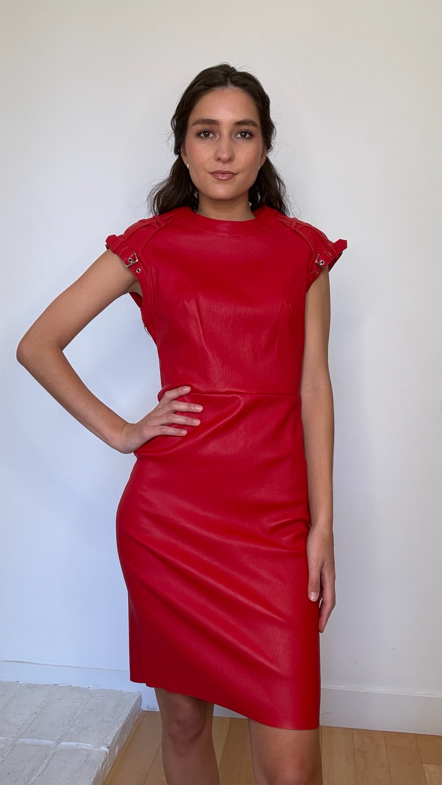 Red Lambskin Leather Dress - S