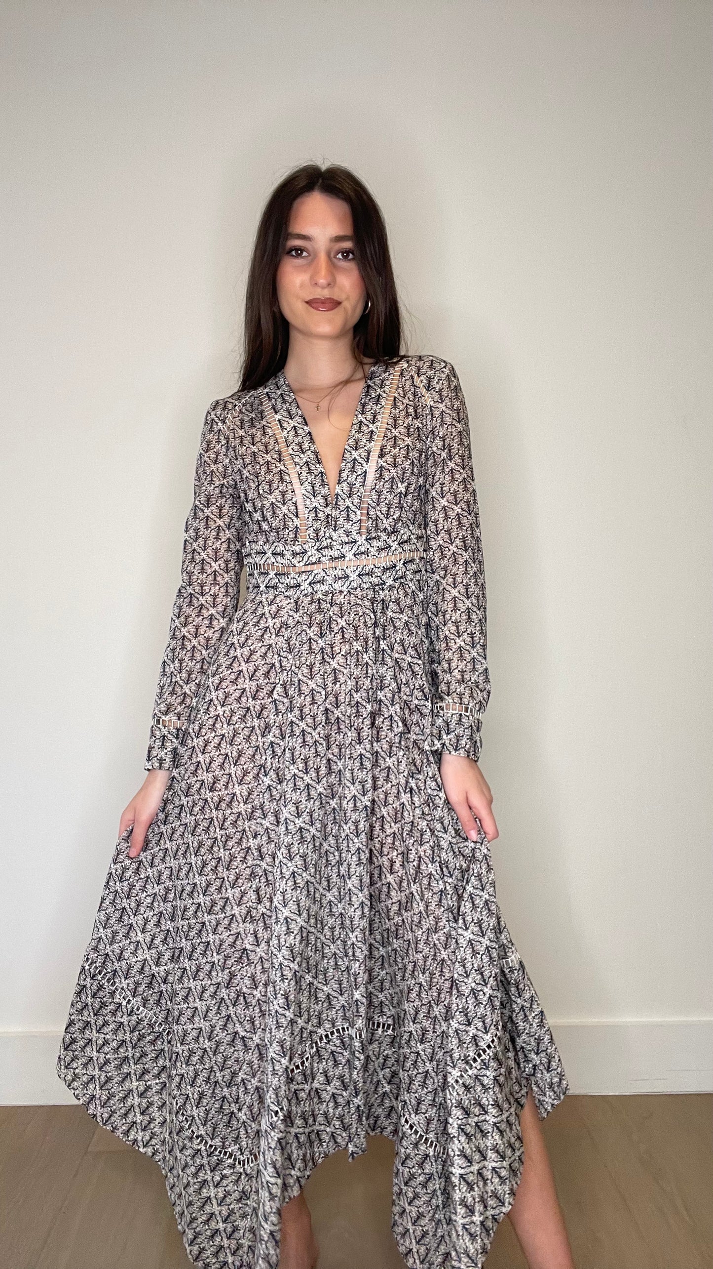 V-Neck Long Sleeve Printed Dress - 1