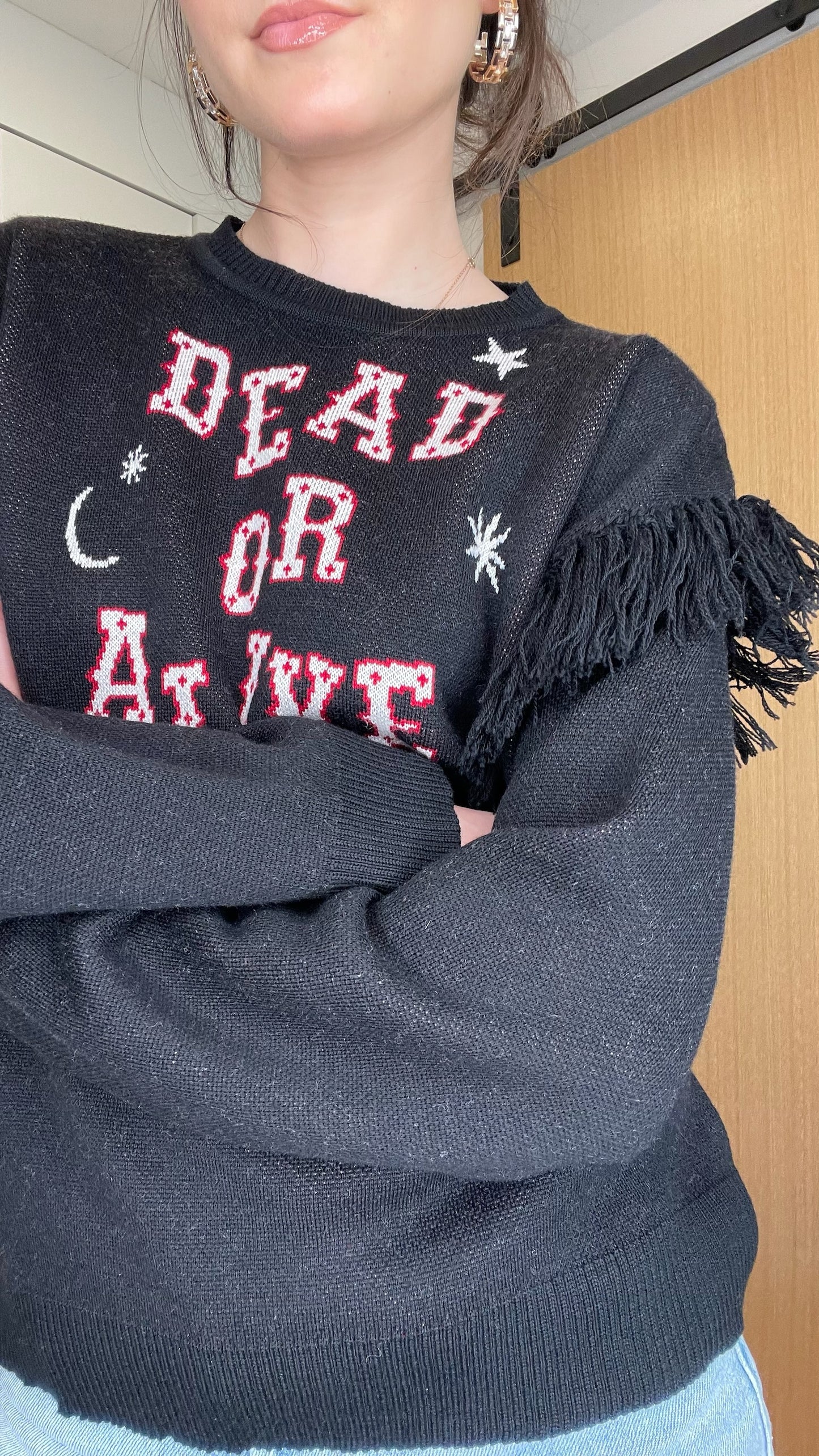 Graphic Pullover w/Fringes - S