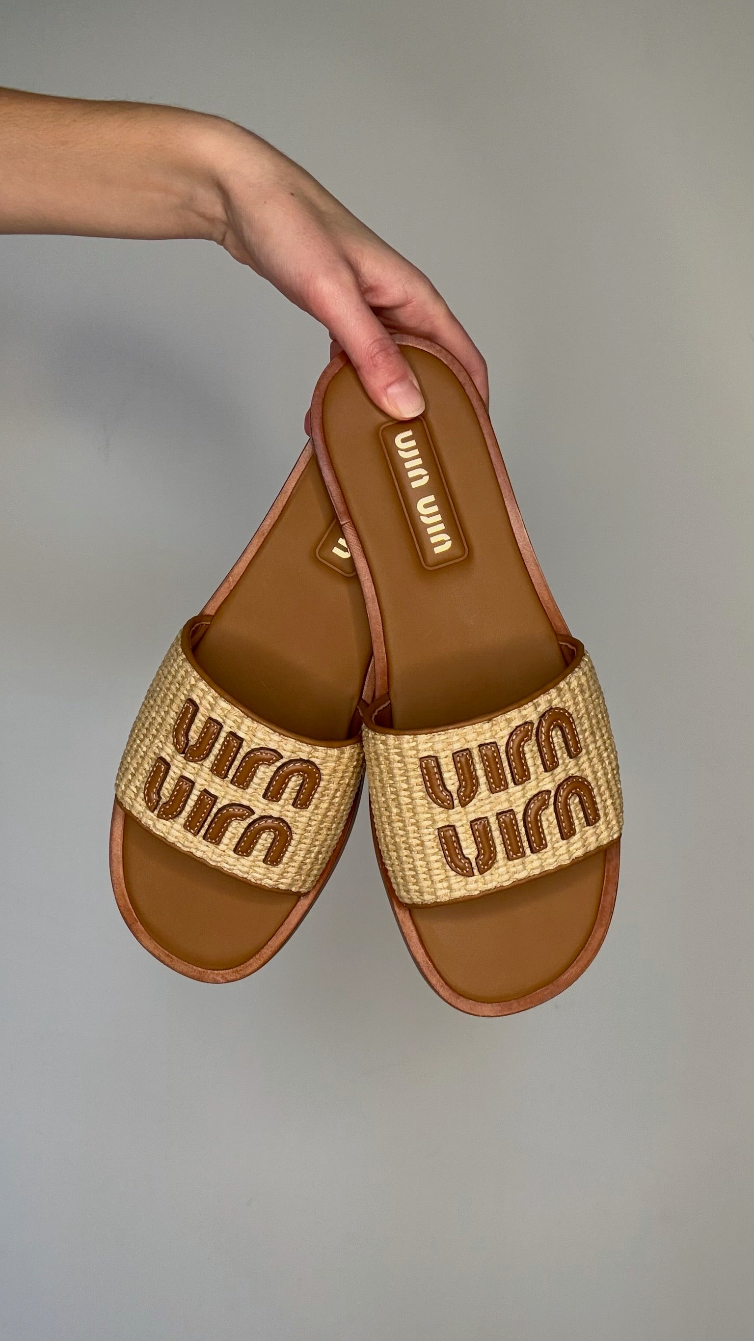 Miu Miu Logo Raffia Sandals - 11 | DetachWithLove