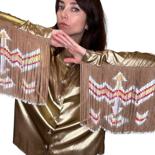 Paris-Dallas Gold Silk Top w/Fringes - S