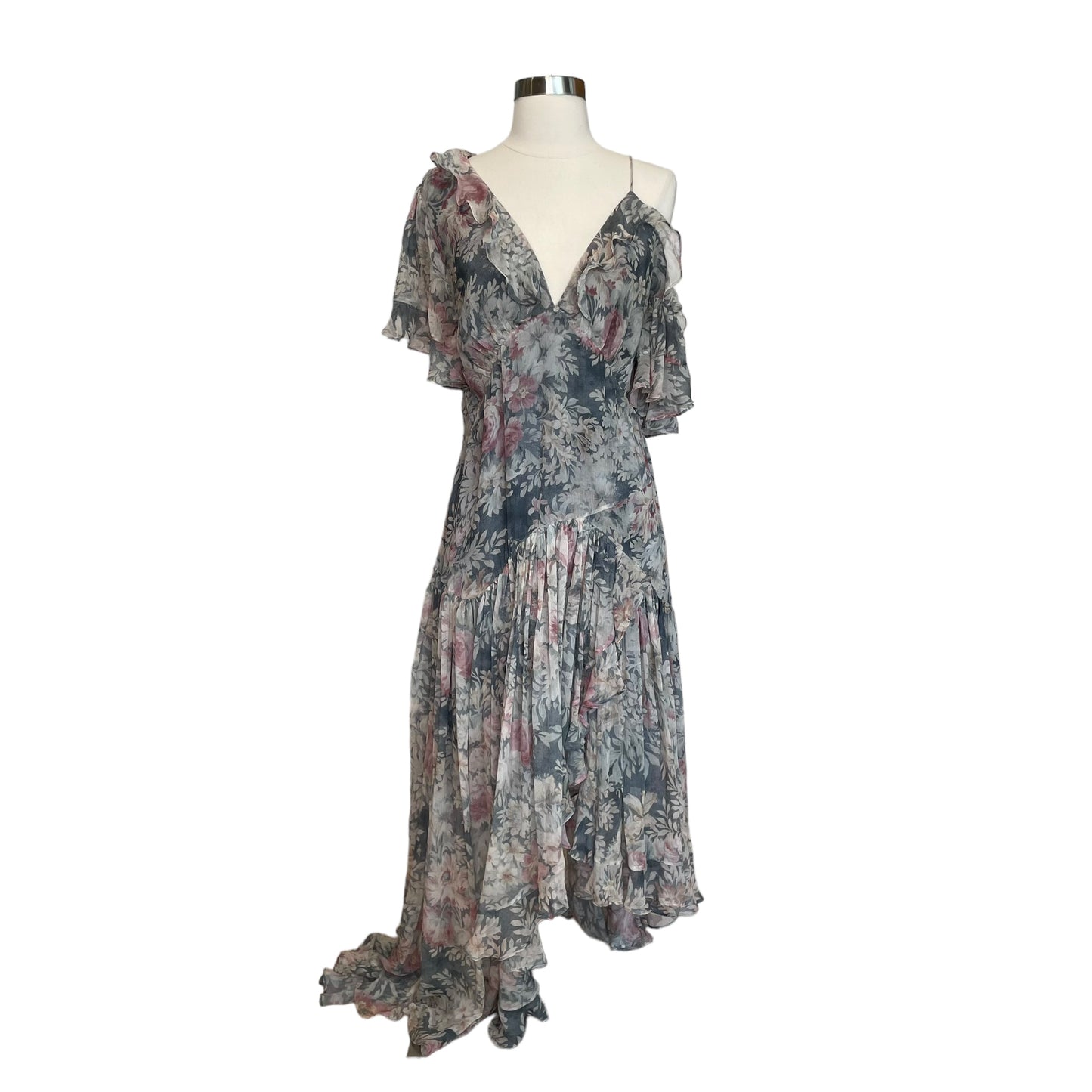 Grey Floral Silk Dress - 1