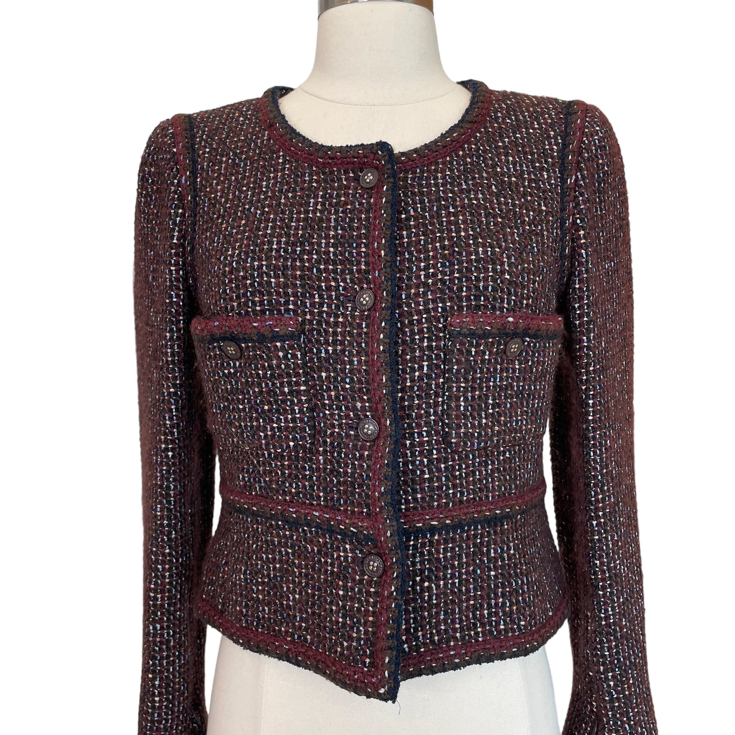 Burgundy Tweed Cropped Jacket - M