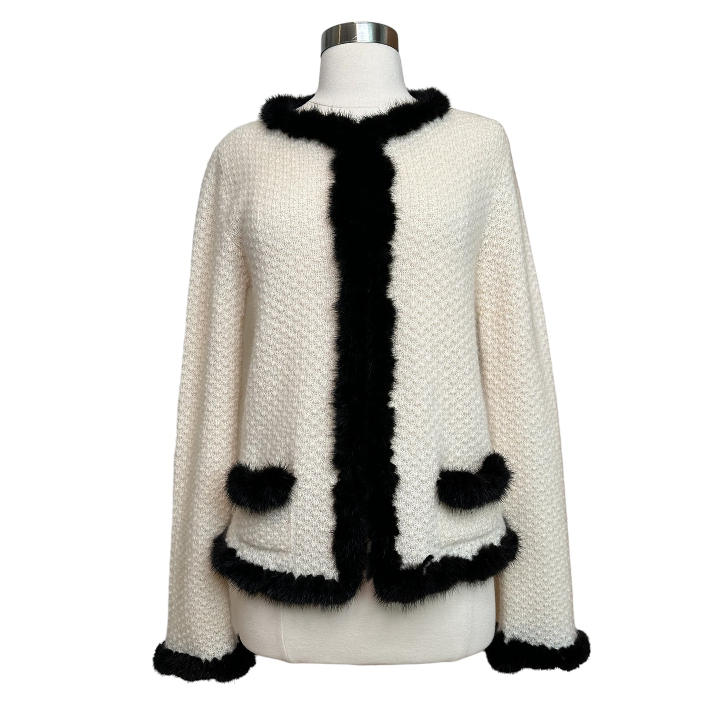 Black & White Cardigan w/Fur - M