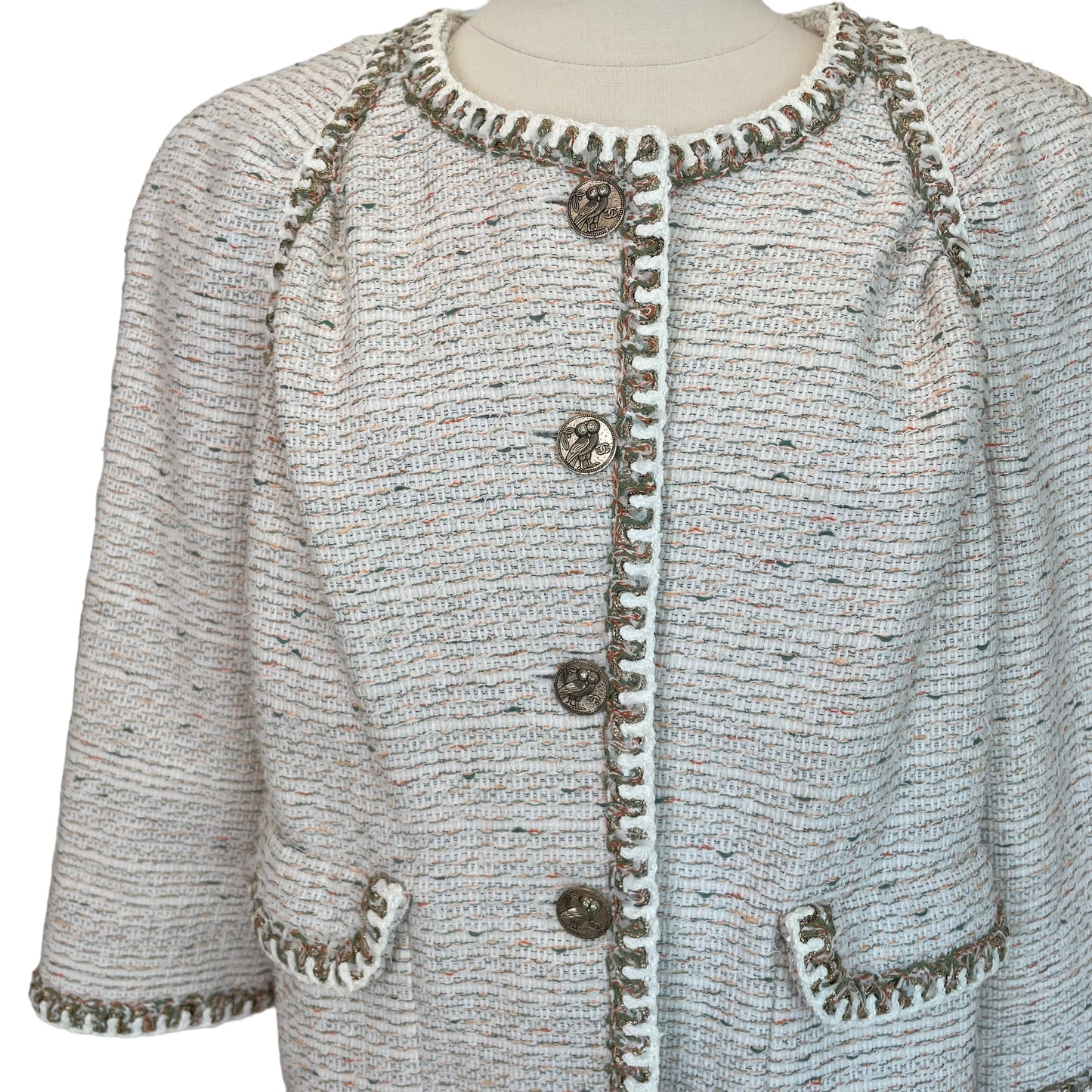 Cream Owl Button Tweed Jacket - L/XL