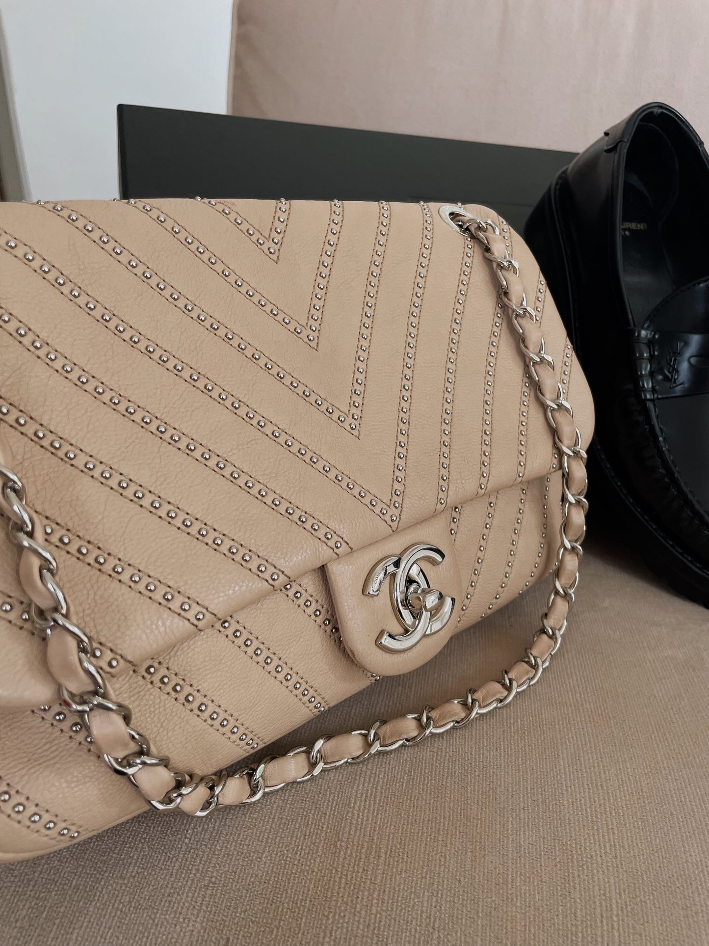 Cream Studded Flap Bag