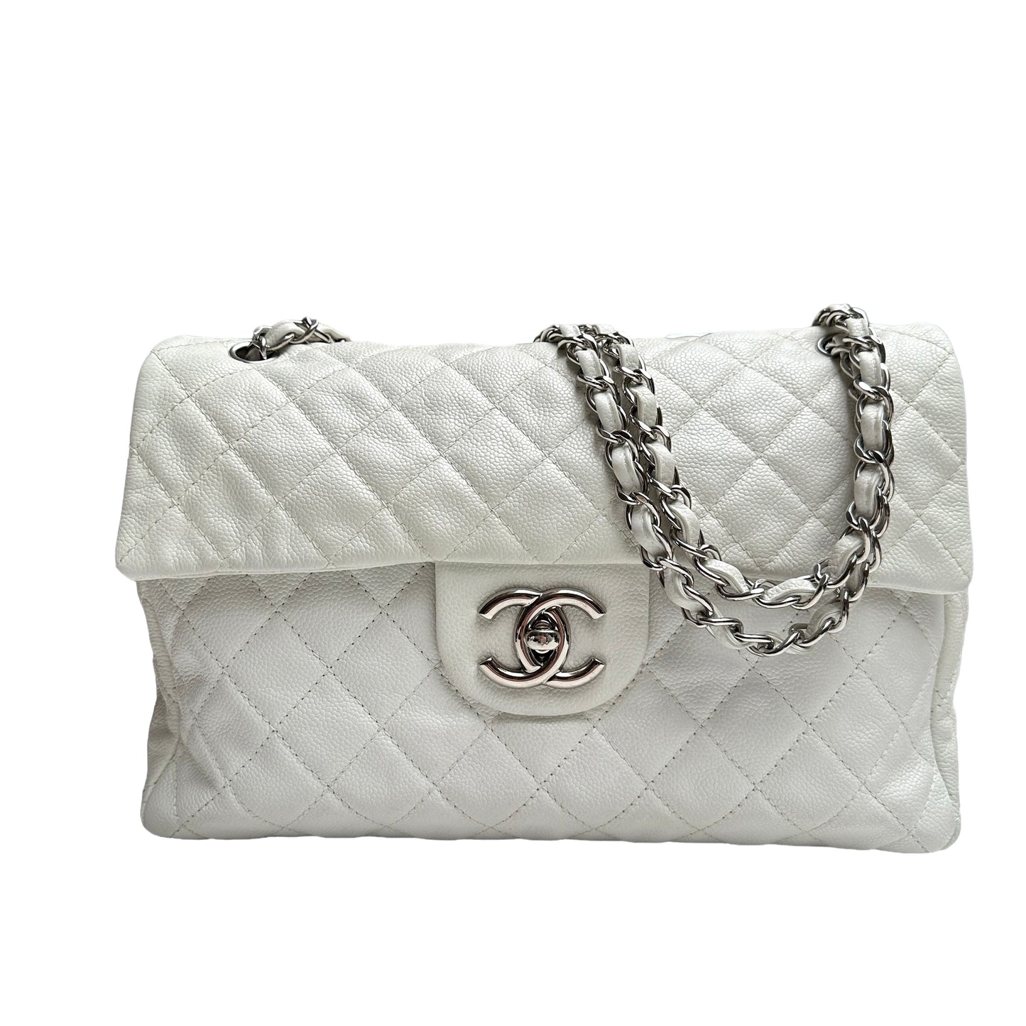 White Caviar Leather Large Flap Bag