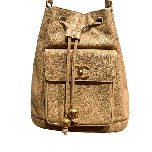 Beige Caviar Leather Vintage Crossbody Bag