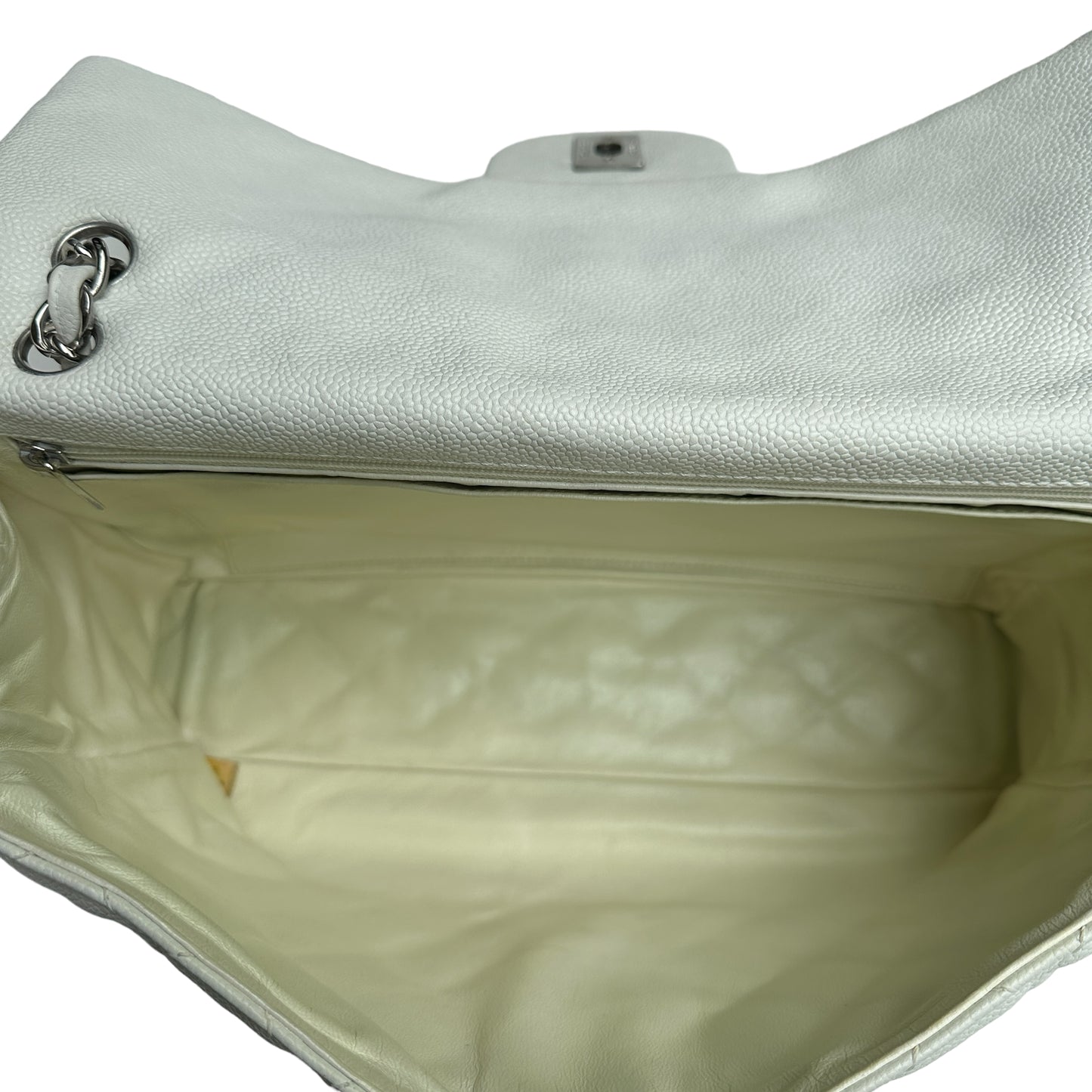 White Caviar Leather Large Flap Bag