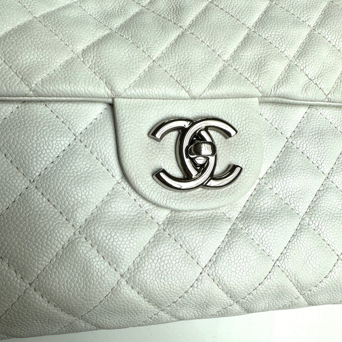 White Caviar Leather Large Flap Bag