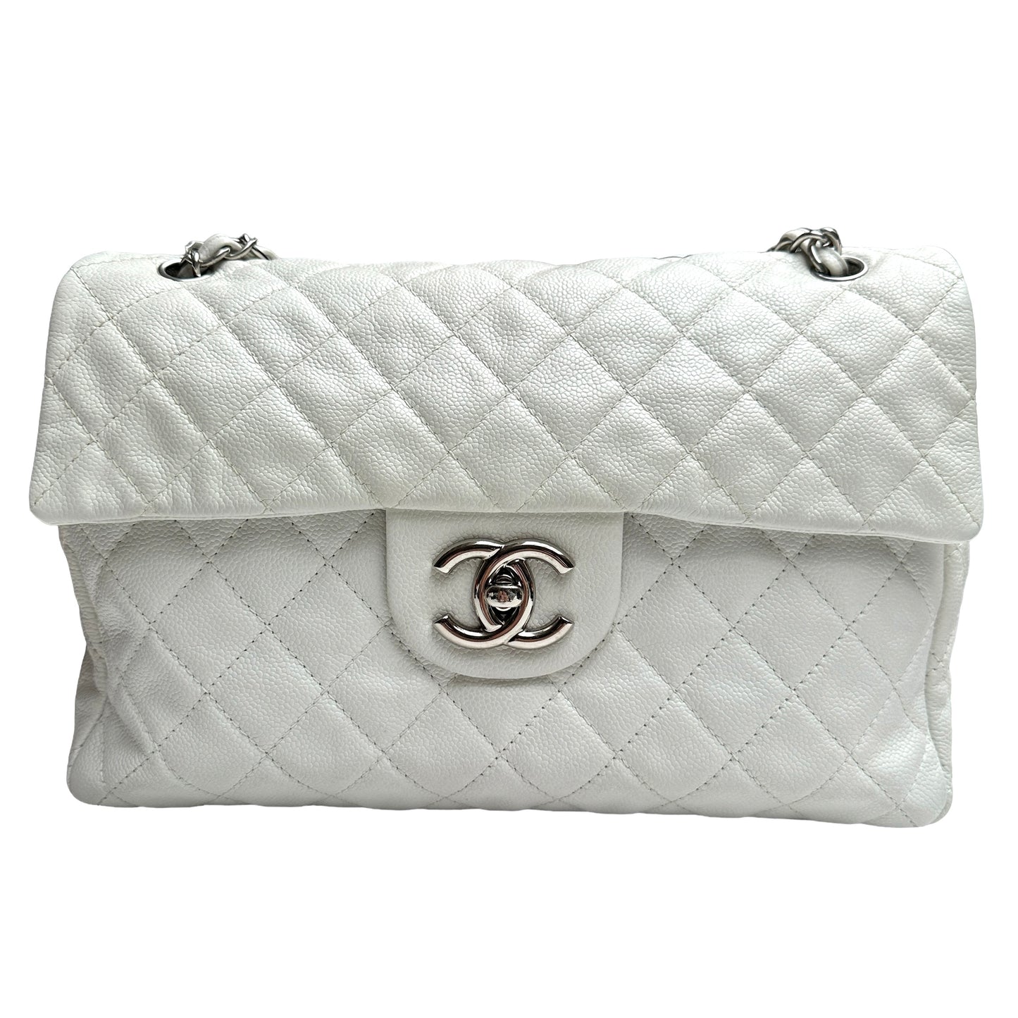 White Caviar Leather Large Flap Bag