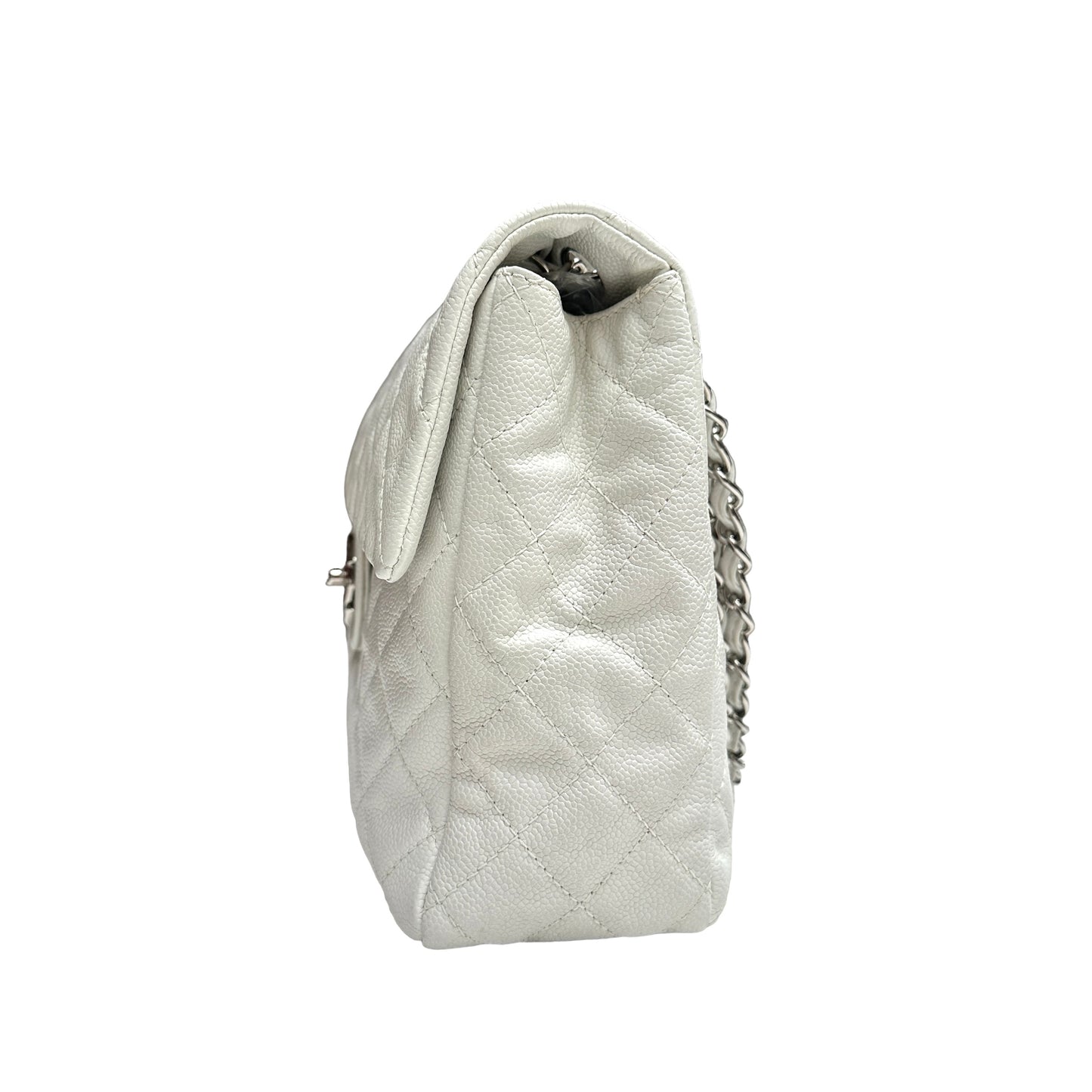 White Caviar Leather Large Flap Bag