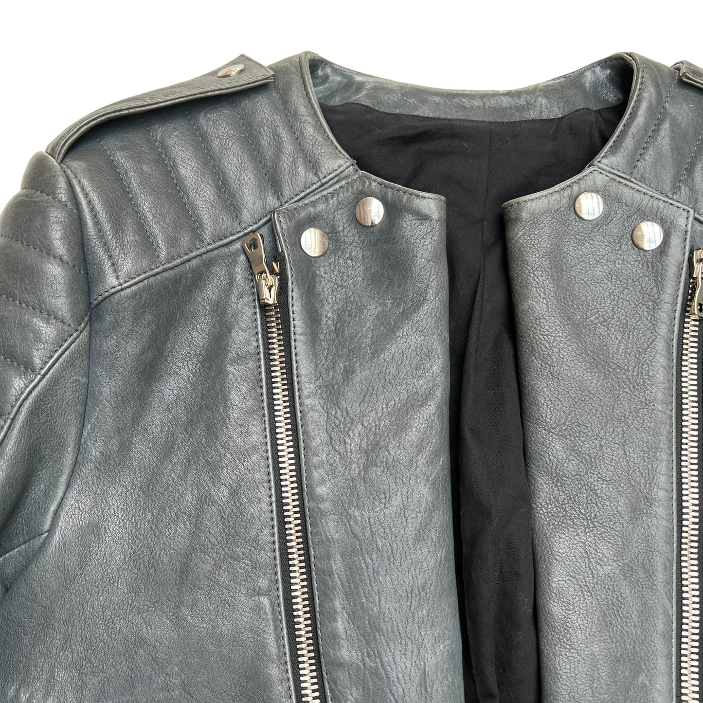 Grey Leather Moto Jacket - S