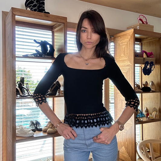 Black Fitted Eyelet Top - S