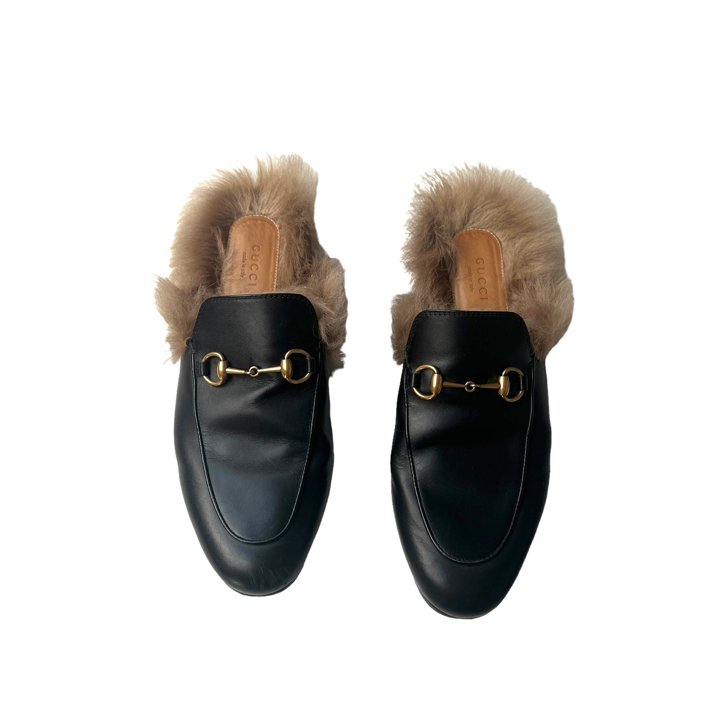 Black Leather Princetown Slides w/Fur - 8