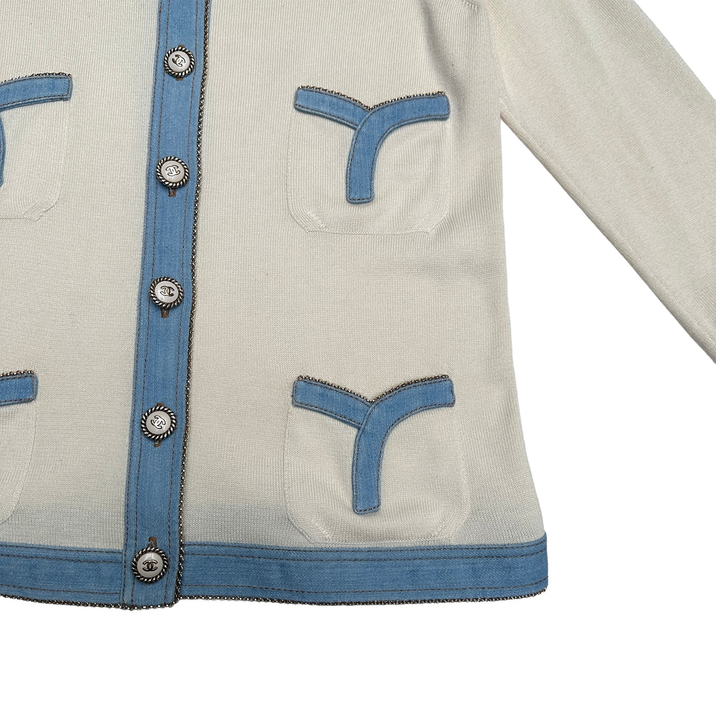 Beige Cardigan with Denim Details