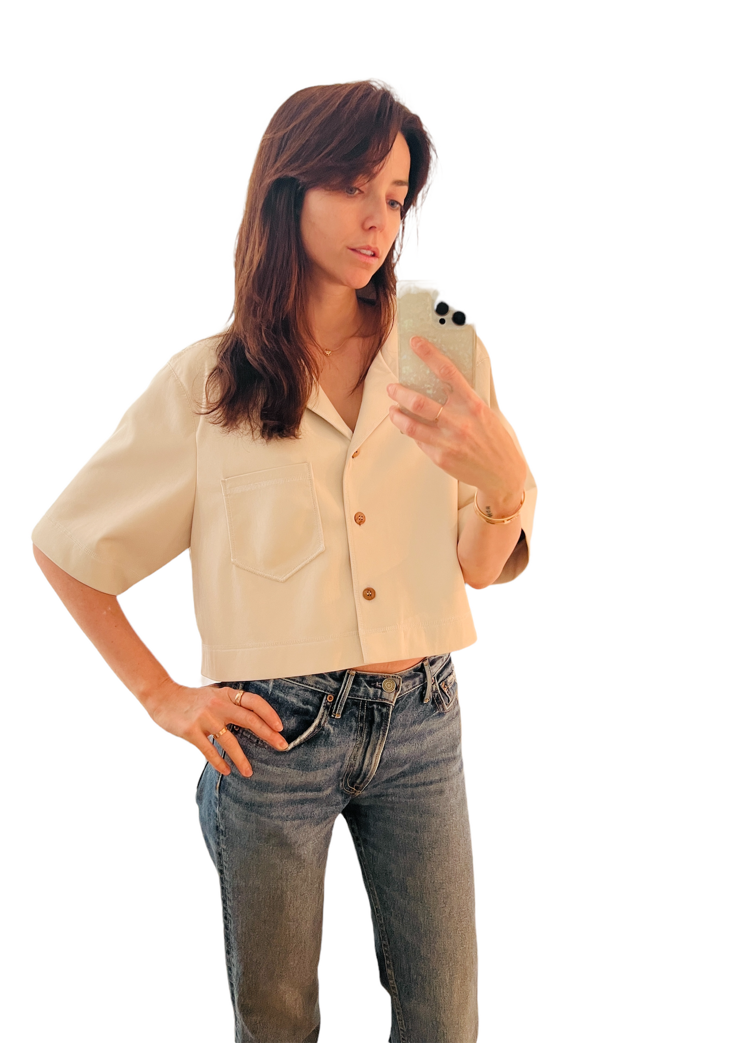 Vegan Leather Cream Cropped Top - M
