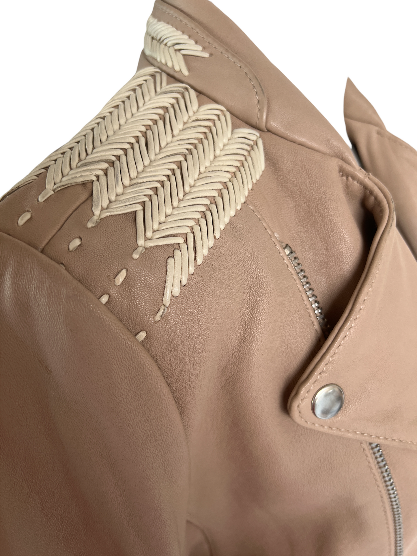 Cream Moto Leather Jacket - M