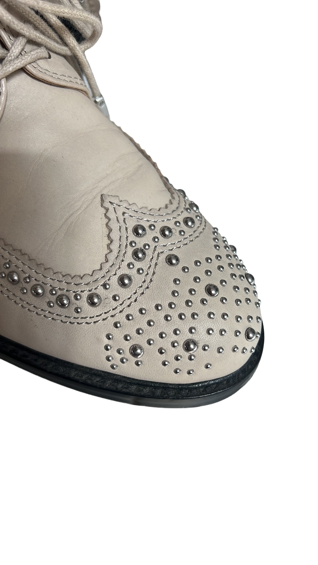 Cream Leather Shoes with Studs - 7