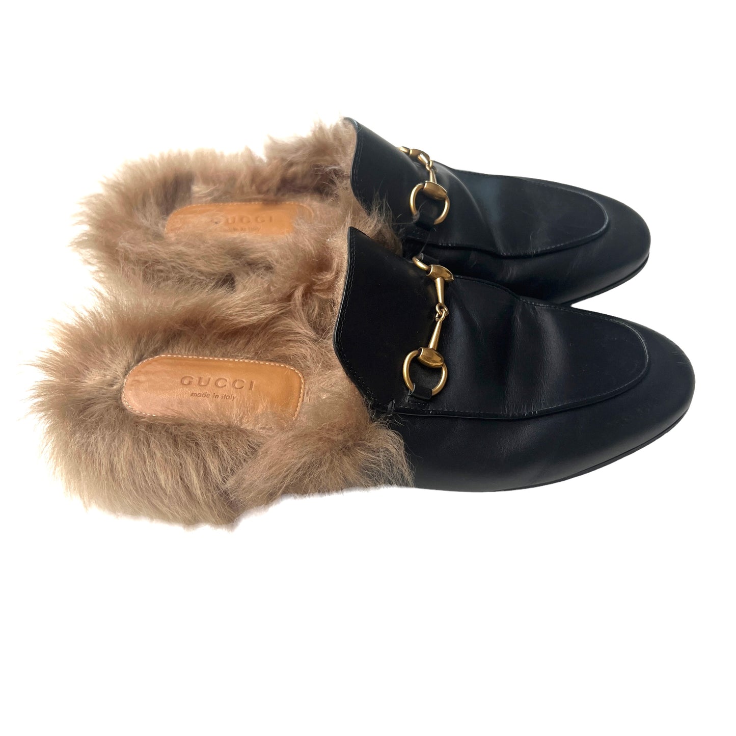 Black Leather Princetown Slides w/Fur - 8