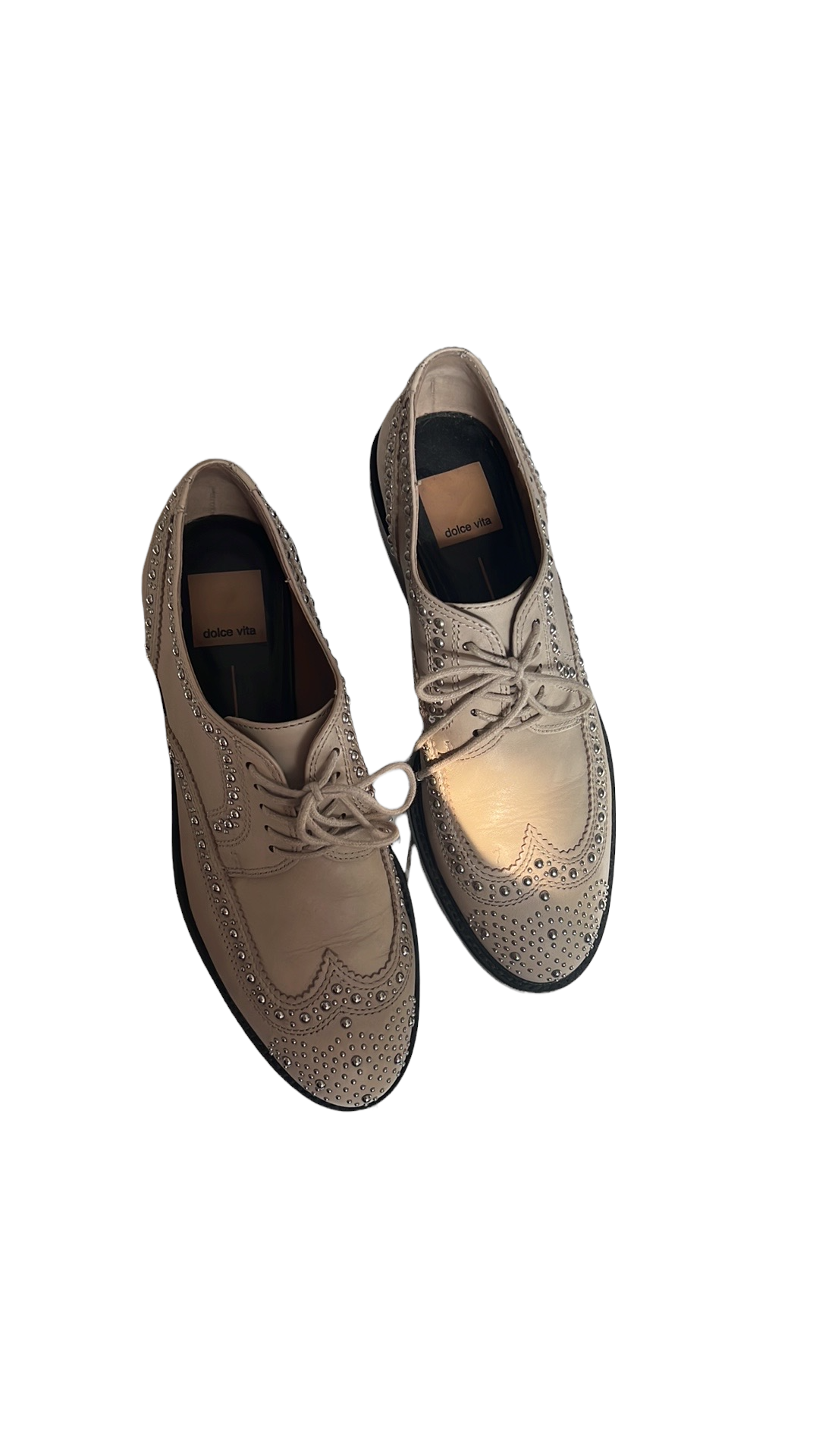 Cream Leather Shoes with Studs - 7