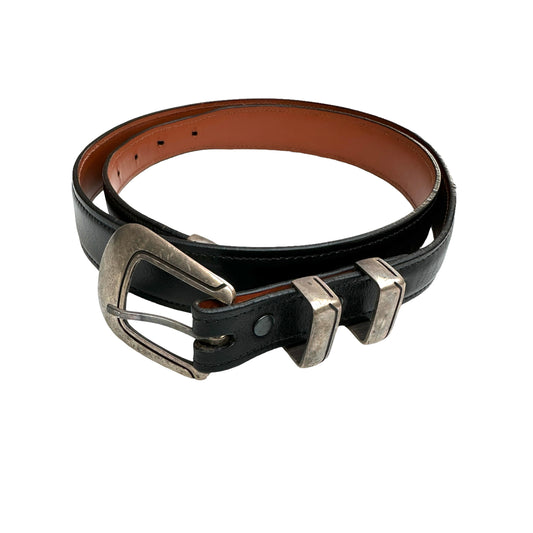 Men Black Leather Belt with Silver Hardware - 38