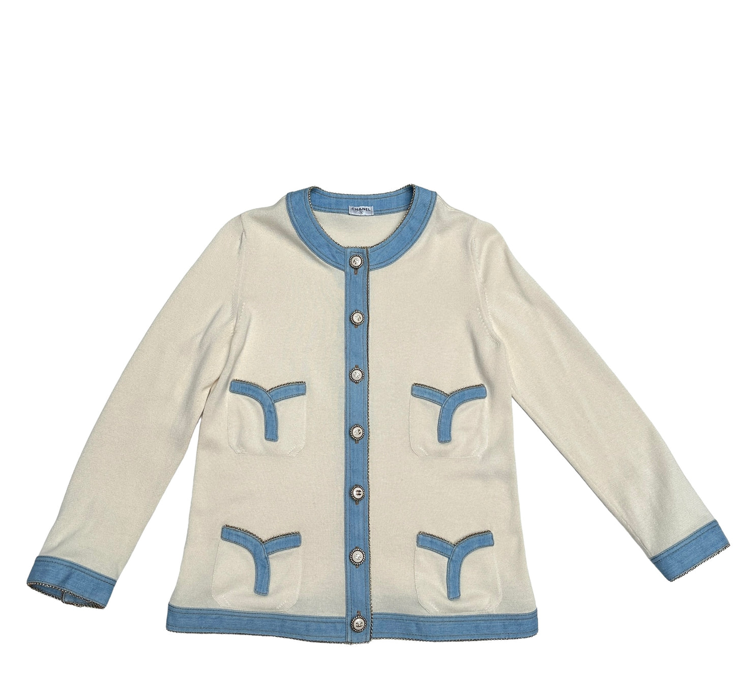 Beige Cardigan with Denim Details