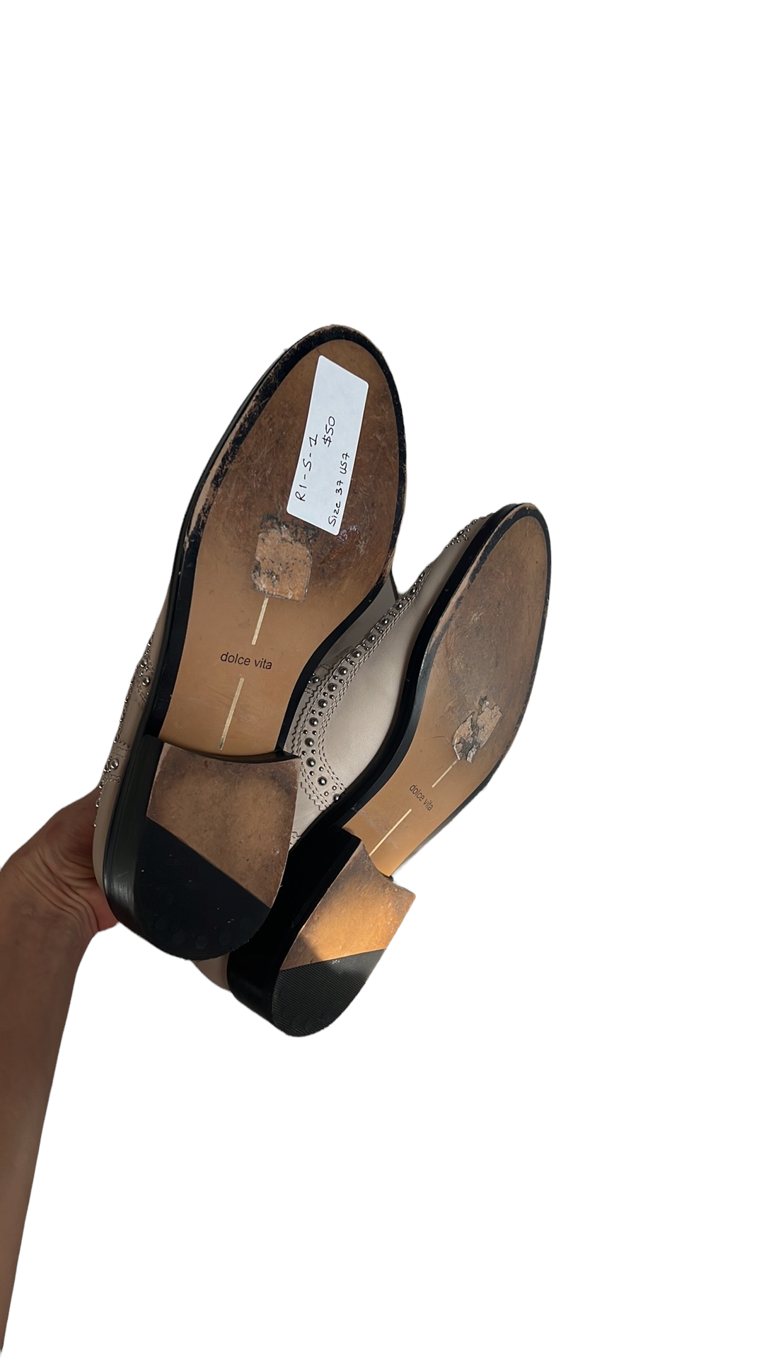 Cream Leather Shoes with Studs - 7