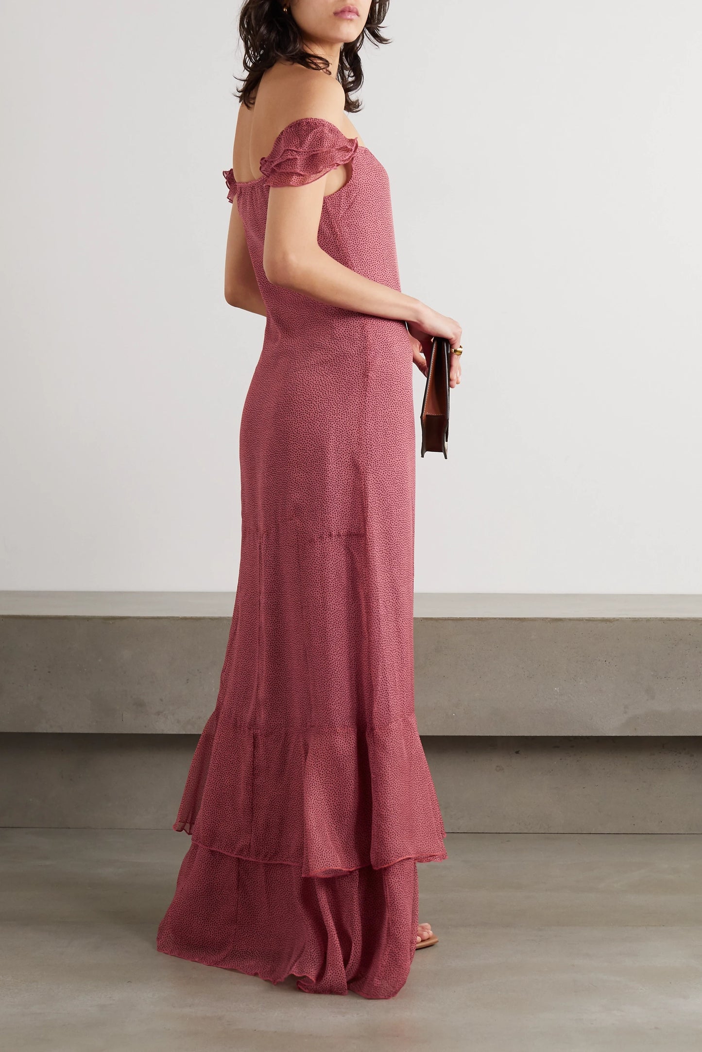 Tiered Polka-Dot Chiffon Maxi Dress - S