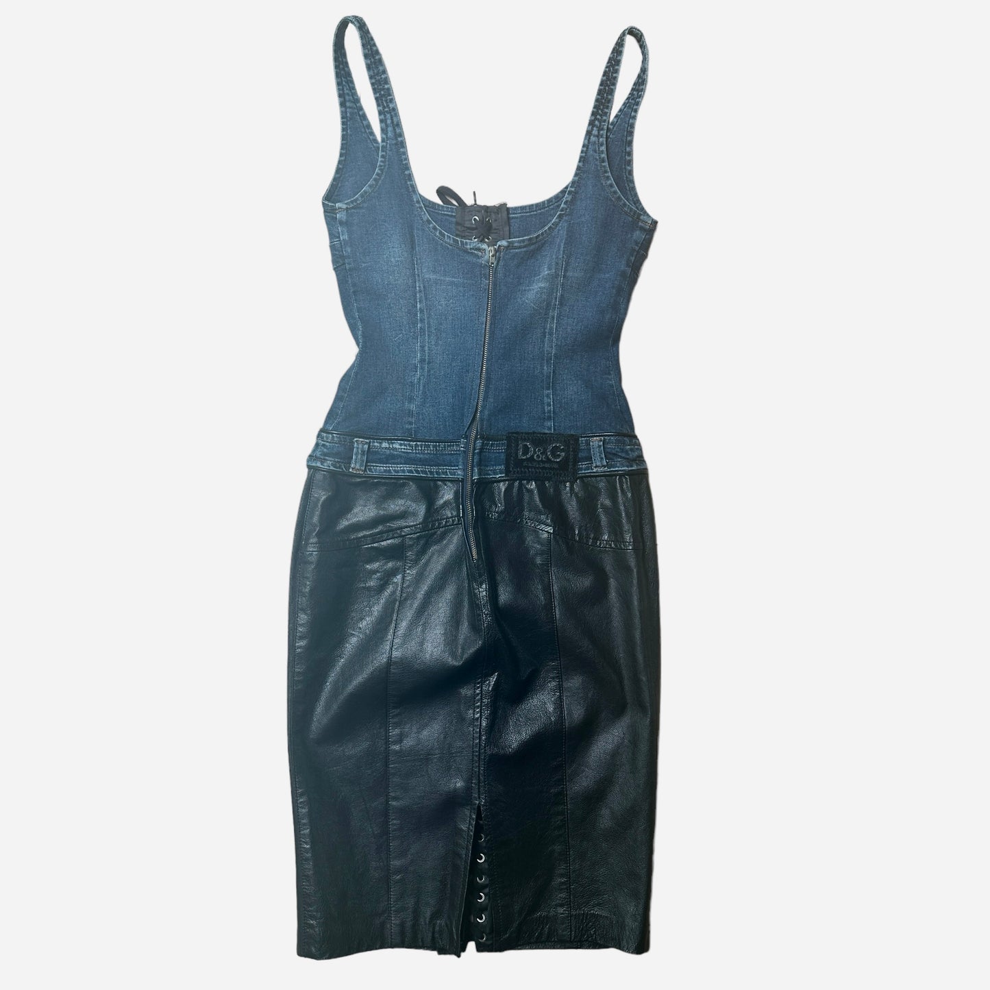 Vintage Denim & Black Leather Dress - M