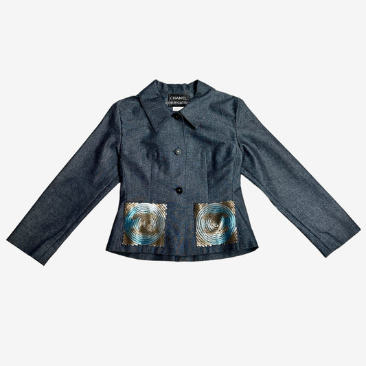 Blue Denim Jacket with Sequins Logo - XS
