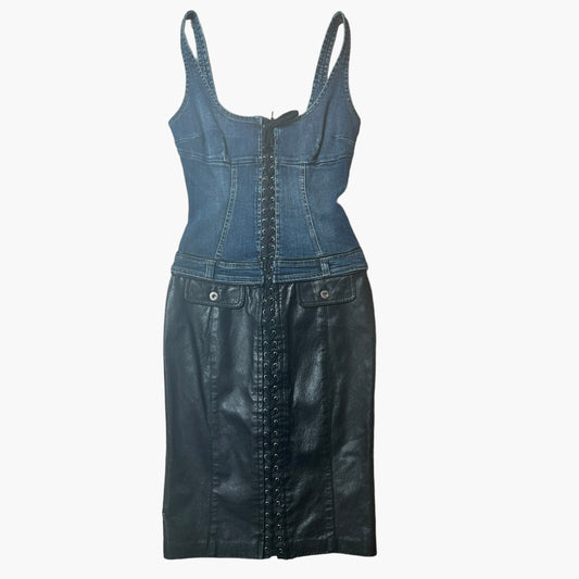 Vintage Denim & Black Leather Dress - M