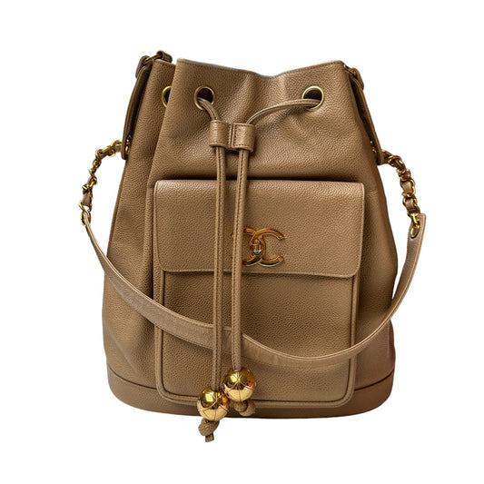 Beige Caviar Leather Vintage Crossbody Bag