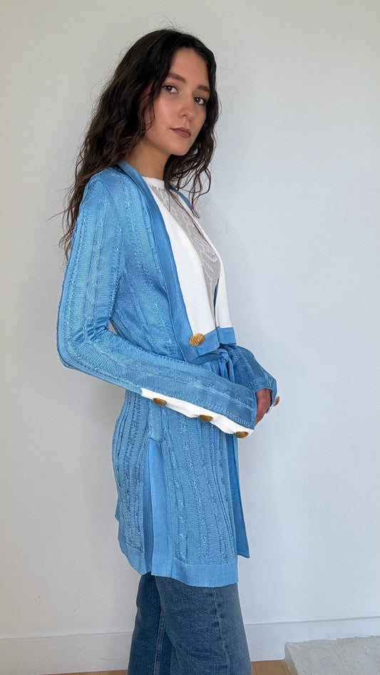 Blue & White Knit Cardigan - S