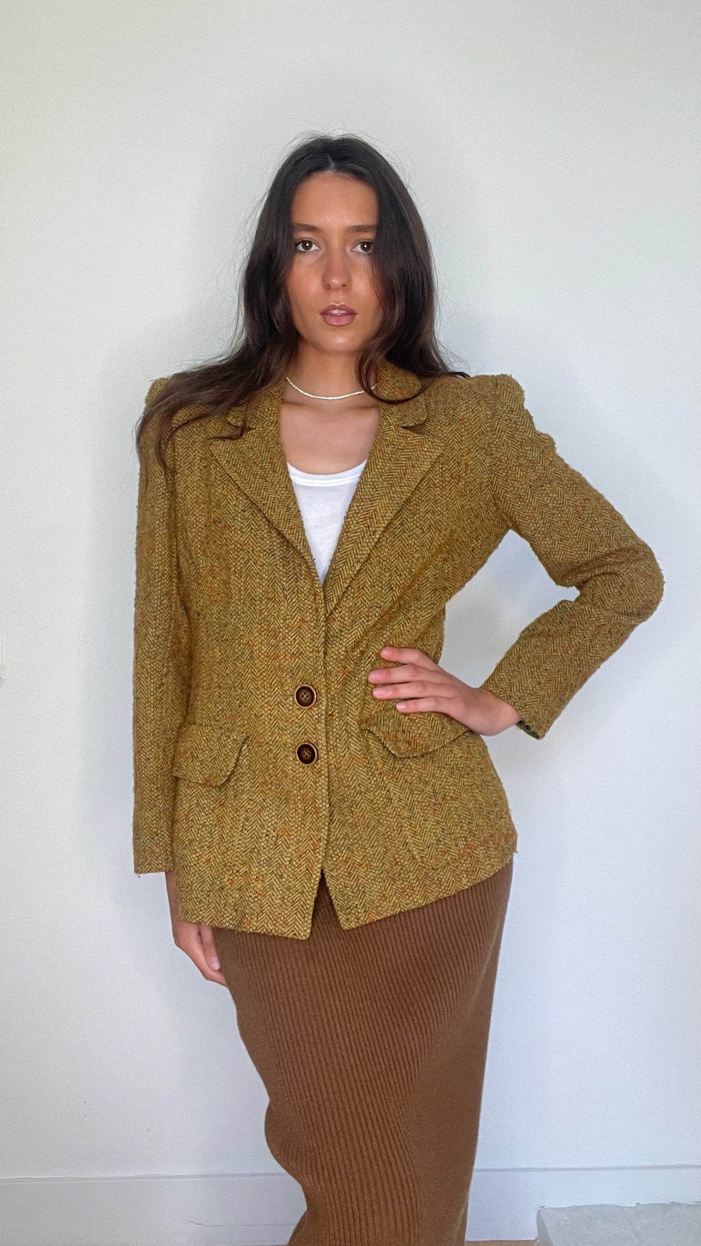 Vintage Brown Green Wool Blazer - S/M