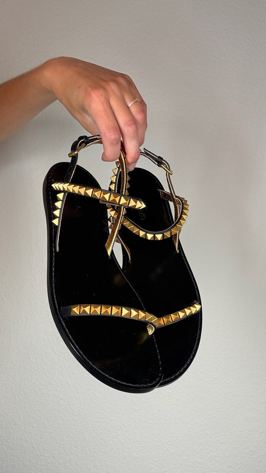 Black and Gold Rockstud Sandals - 8